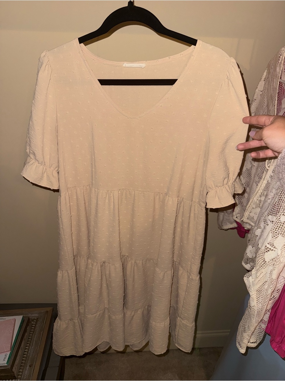 Cream Short Sleeve Tiered V-Neck Women’s Dress